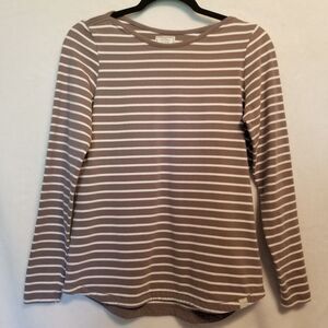 Fat Face Womens 4 T Shirt Long Sleeve Brown Striped Cotton Blend Boat Neck